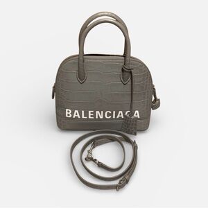 Balenciaga Leather Ville Crocodile Embossed Grey Handbag with Crossbody Strap